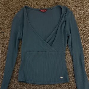 GUESS Women's Teal Long Sleeve Wrap Top